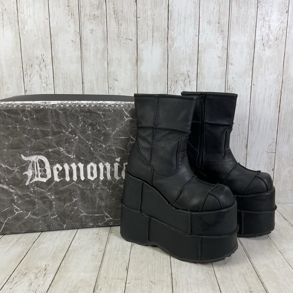 Demonia Stack 201 Platform Ankle Boots 7" Black Vegan Leather Side Zip Mens 9
